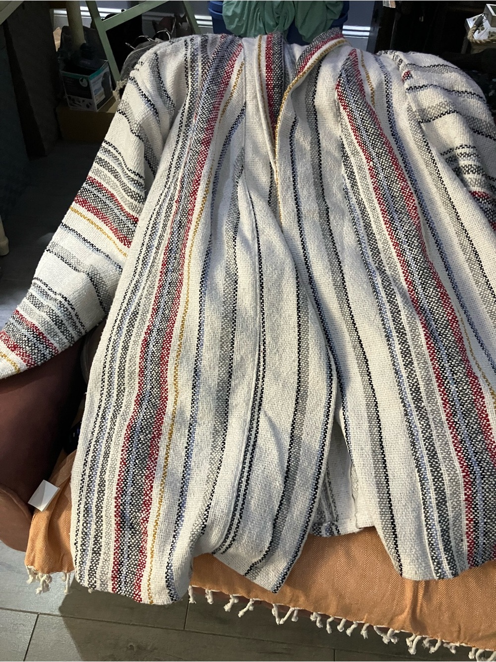EARTHBOUND Striped Hooded Cardigan Jacket in White with Red, Navy & Gold Stripes